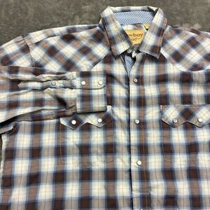 Cowboy Legend‎ Shirt Men's XXL Plaid Brown Blue White Western Snap Button Down